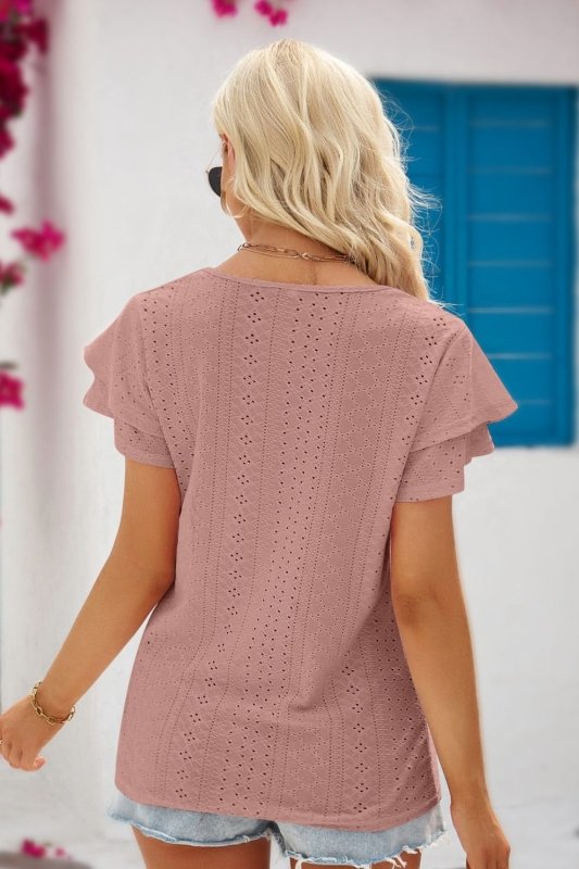 Eyelet Tie-Neck Flutter Sleeve Blouse - Cute Little Wish