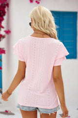 Eyelet Tie-Neck Flutter Sleeve Blouse - Cute Little Wish