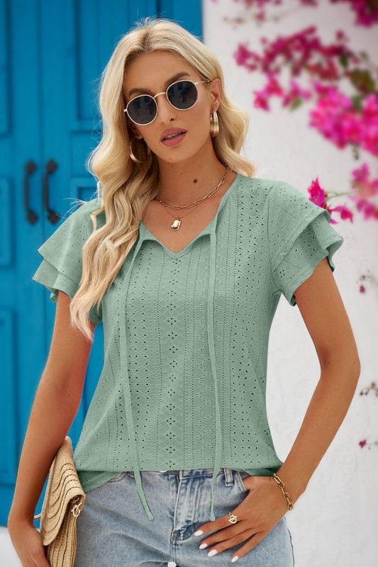 Eyelet Tie-Neck Flutter Sleeve Blouse - Cute Little Wish