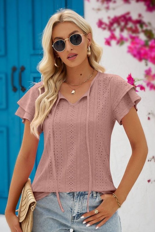 Eyelet Tie-Neck Flutter Sleeve Blouse - Cute Little Wish