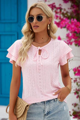 Eyelet Tie-Neck Flutter Sleeve Blouse - Cute Little Wish