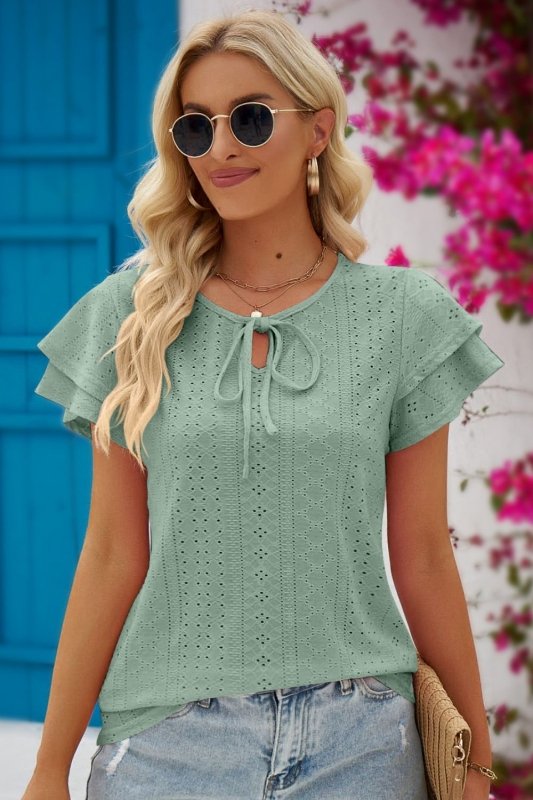 Eyelet Tie-Neck Flutter Sleeve Blouse - Cute Little Wish