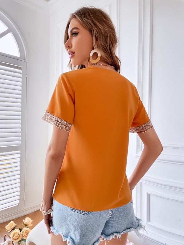 Eyelet V-Neck Short Sleeve T-Shirt - Cute Little Wish