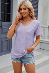 Eyelet V-Neck Short Sleeve T-Shirt - Cute Little Wish