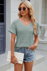 Eyelet V-Neck Short Sleeve T-Shirt - Cute Little Wish