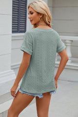 Eyelet V-Neck Short Sleeve T-Shirt - Cute Little Wish