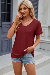 Eyelet V-Neck Short Sleeve T-Shirt - Cute Little Wish