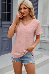 Eyelet V-Neck Short Sleeve T-Shirt - Cute Little Wish