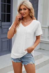 Eyelet V-Neck Short Sleeve T-Shirt - Cute Little Wish