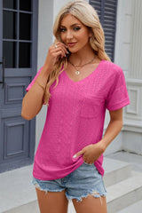 Eyelet V-Neck Short Sleeve T-Shirt - Cute Little Wish