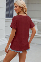 Eyelet V-Neck Short Sleeve T-Shirt - Cute Little Wish