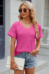 Eyelet V-Neck Short Sleeve T-Shirt - Cute Little Wish