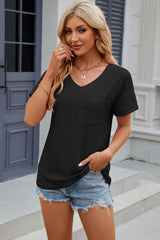 Eyelet V-Neck Short Sleeve T-Shirt - Cute Little Wish