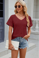 Eyelet V-Neck Short Sleeve T-Shirt - Cute Little Wish