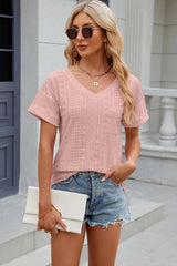 Eyelet V-Neck Short Sleeve T-Shirt - Cute Little Wish