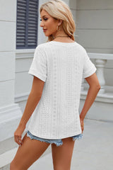 Eyelet V-Neck Short Sleeve T-Shirt - Cute Little Wish