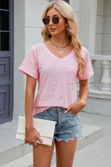 Eyelet V-Neck Short Sleeve T-Shirt - Cute Little Wish