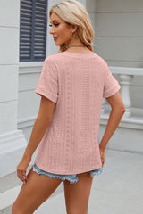 Eyelet V-Neck Short Sleeve T-Shirt - Cute Little Wish