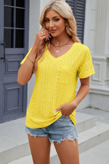 Eyelet V-Neck Short Sleeve T-Shirt - Cute Little Wish