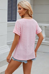 Eyelet V-Neck Short Sleeve T-Shirt - Cute Little Wish