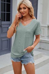 Eyelet V-Neck Short Sleeve T-Shirt - Cute Little Wish