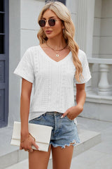 Eyelet V-Neck Short Sleeve T-Shirt - Cute Little Wish