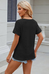 Eyelet V-Neck Short Sleeve T-Shirt - Cute Little Wish