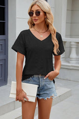 Eyelet V-Neck Short Sleeve T-Shirt - Cute Little Wish