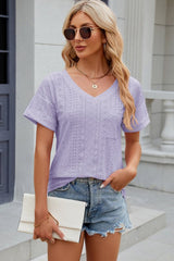 Eyelet V-Neck Short Sleeve T-Shirt - Cute Little Wish