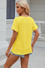 Eyelet V-Neck Short Sleeve T-Shirt - Cute Little Wish