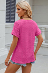 Eyelet V-Neck Short Sleeve T-Shirt - Cute Little Wish