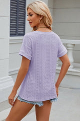 Eyelet V-Neck Short Sleeve T-Shirt - Cute Little Wish