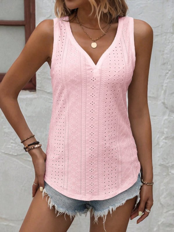 Eyelet V-Neck Wide Strap Tank - Cute Little Wish