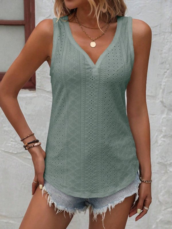 Eyelet V-Neck Wide Strap Tank - Cute Little Wish