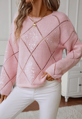 Openwork Sequin Round Neck Long Sleeve Sweater