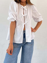 Tied Round Neck Balloon Sleeve Shirt