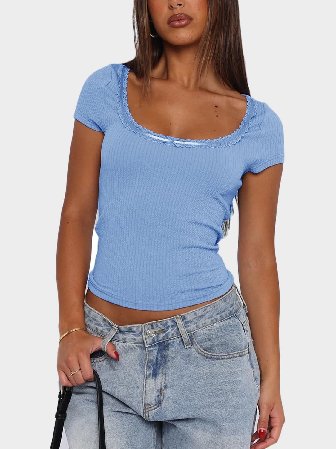 Lace Detail Scoop Neck Short Sleeve T-Shirt