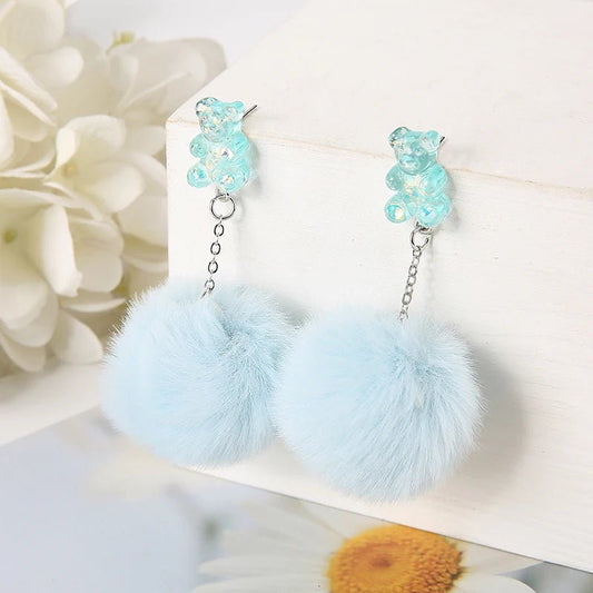 Fairy Kei Pastel Statement Bear Charm Earrings with Plush Pom - Poms - Cute Little Wish