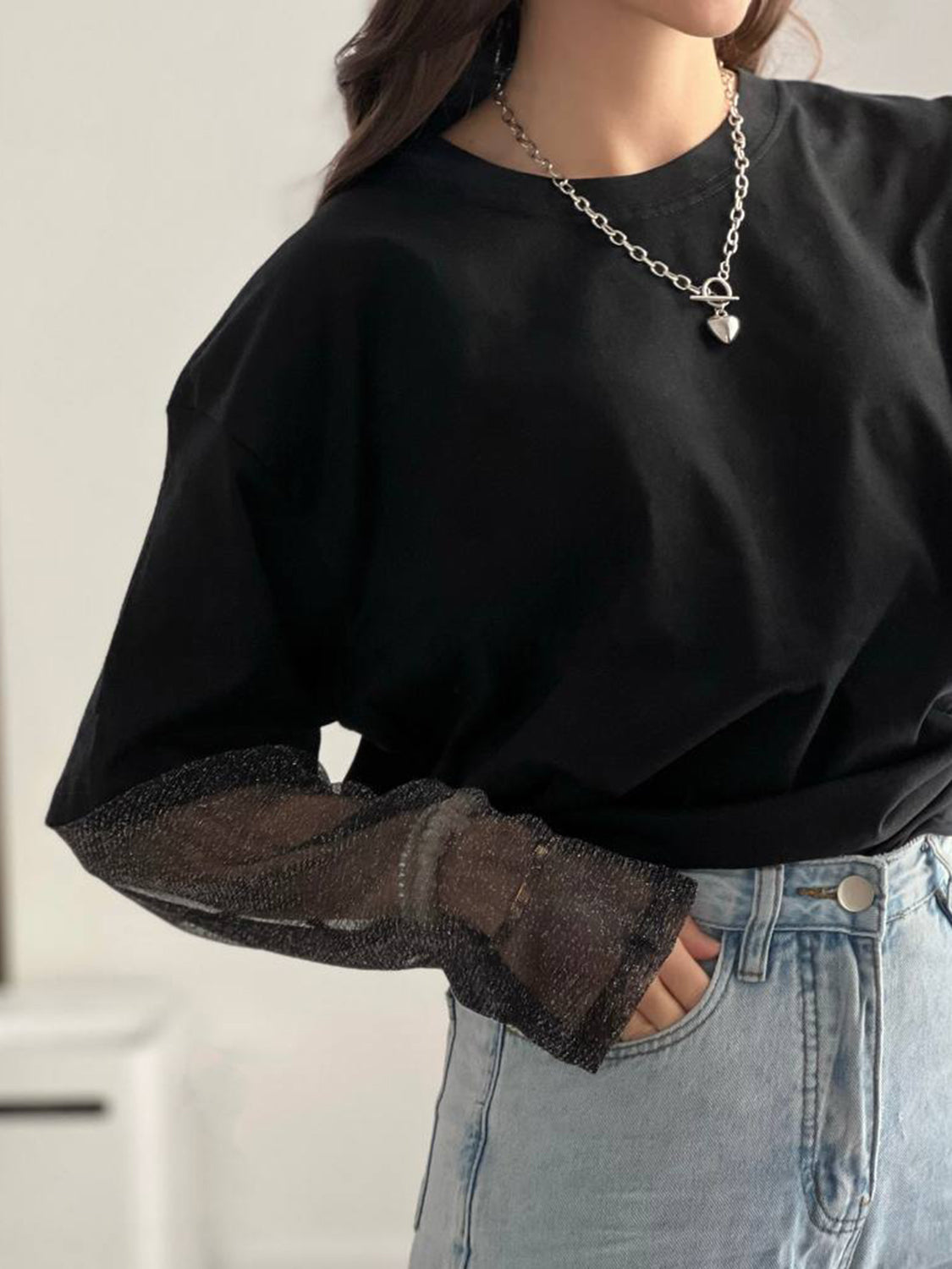 Faux Layered Round Neck Mesh Sleeve Top