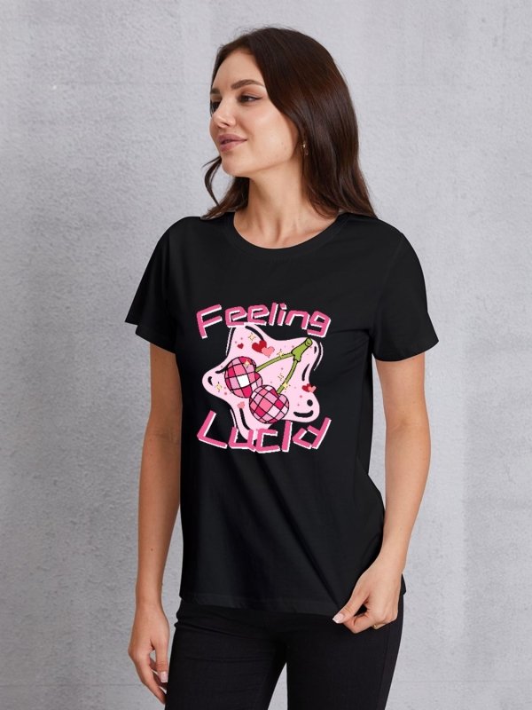 FEELING LUCKY Round Neck Short Sleeve T-Shirt - Cute Little Wish