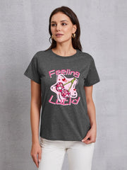 FEELING LUCKY Round Neck Short Sleeve T-Shirt - Cute Little Wish