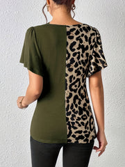 Ruched Leopard Flutter Sleeve T-Shirt