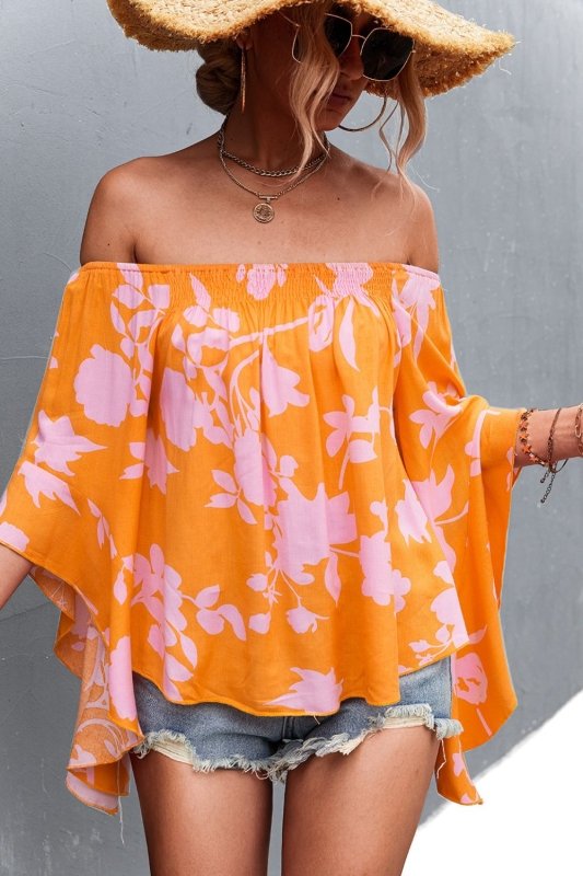 Floral Bell Sleeve Off-Shoulder Blouse - Cute Little Wish