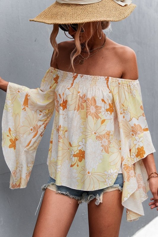 Floral Bell Sleeve Off-Shoulder Blouse - Cute Little Wish