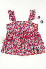 Floral Buttoned Square Neck Ruffled Tank - Cute Little Wish