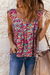 Floral Buttoned Square Neck Ruffled Tank - Cute Little Wish