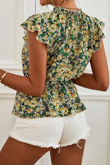 Floral Mock Neck Flutter Sleeve Peplum Top - Cute Little Wish