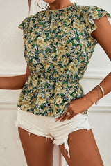 Floral Mock Neck Flutter Sleeve Peplum Top - Cute Little Wish