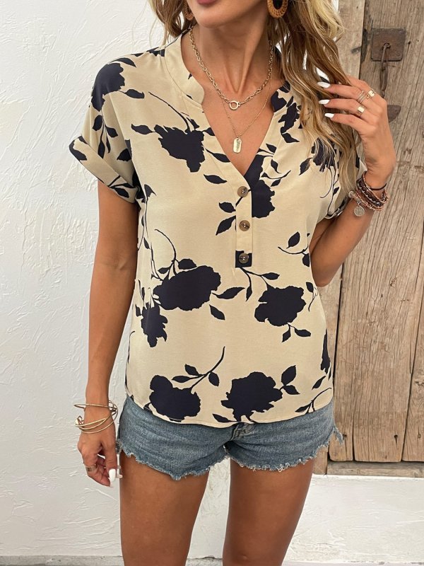 Floral Notched Short Sleeve Blouse - Cute Little Wish