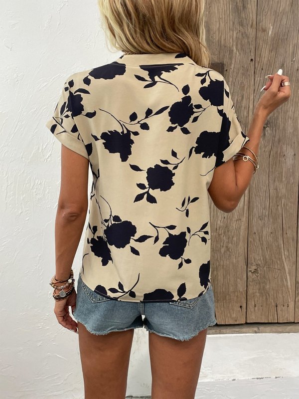 Floral Notched Short Sleeve Blouse - Cute Little Wish